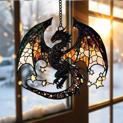 Fantasy Dragon Acrylic Suncatcher Stained Glass Effect Window Car Hanging Christmas Ornament Indoor Outdoor Decor Garden Sun Catcher Panel Gifts for Dragon Lover for Women Mom Grandma