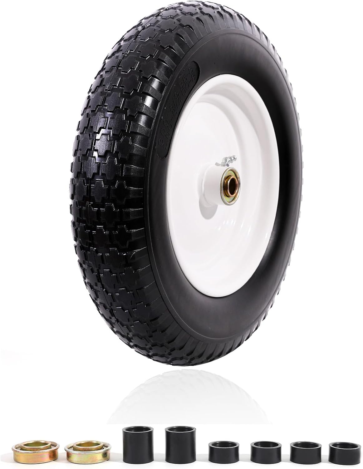 MZREXN 14.5" Wheelbarrow Tire Flat-Free 3.00/3.25/3.50/4.00-8" Solid Tire and Wheel with 3"-7" Centered Hub, 3/4" & 5/8" Bearings Replacement for Hand Truck/Dolly/Utility Cart/Garden Cart 1PCS White