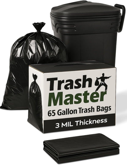 65 Gallon Contractor Heavy Duty Garbage Bags | 50 Bags w/Ties | X-Large 3 MIL Thickness | For Large Commercial Jobs | Construction Clean Up | Trash bags for Yard Clean up - TrashMaster (50)