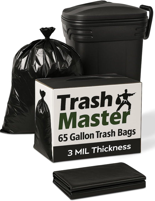 65 Gallon Trash Bags | 50 Bags with Ties | Thick for Large Commercial Jobs | Construction Clean Up