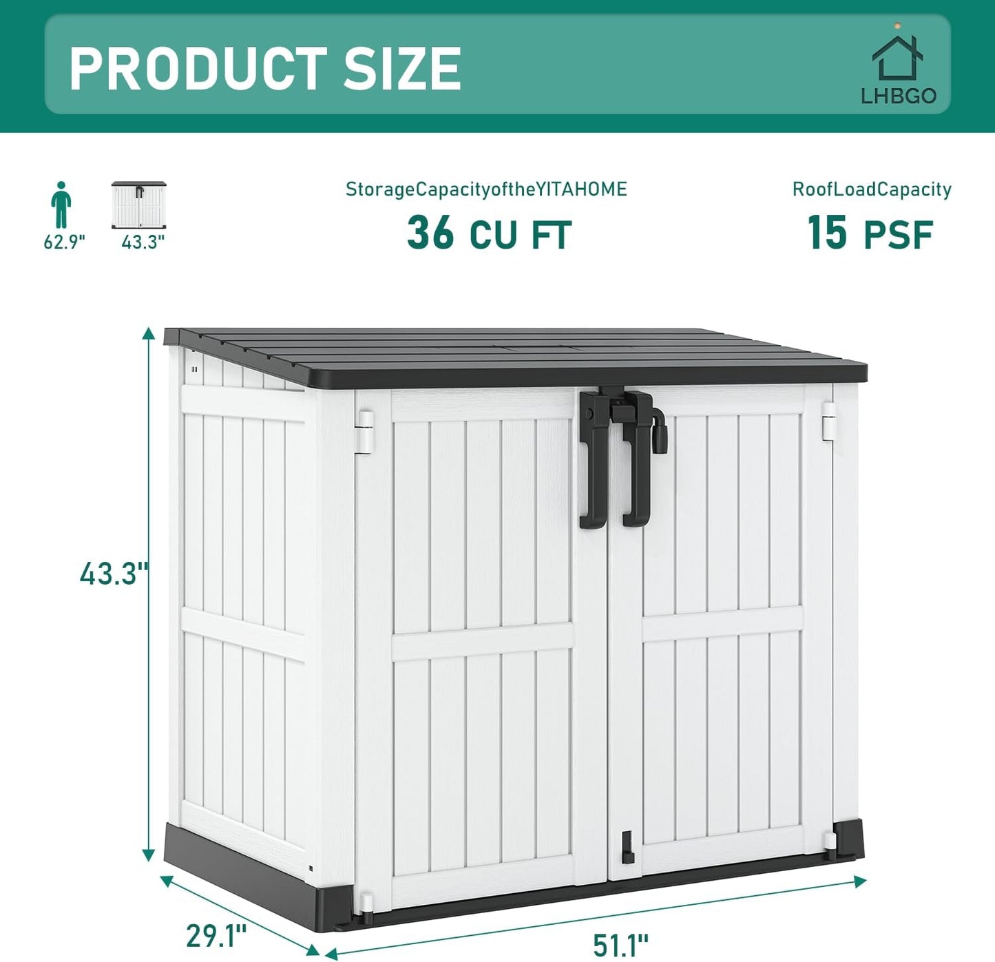 KAMABOKO Outdoor Storage Cabinet 36 Cu.Ft Outdoor Trash Can Storage Shed Waterproof Horizontal Storage Shed Outdoor Storage for Backyard, Patio, Poolside (White)