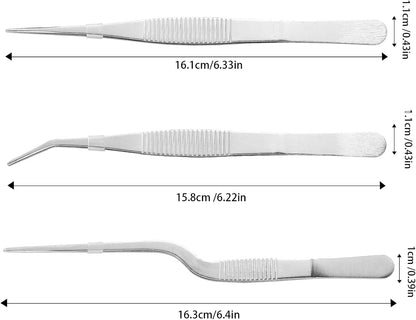 Stainless Steel Tweezers Set for Small Gardening and Kitchen, Multi-Purpose Tools Silver Tweezers (3Pcs, 6.22Inches / 6.33Inches / 6.4Inches)