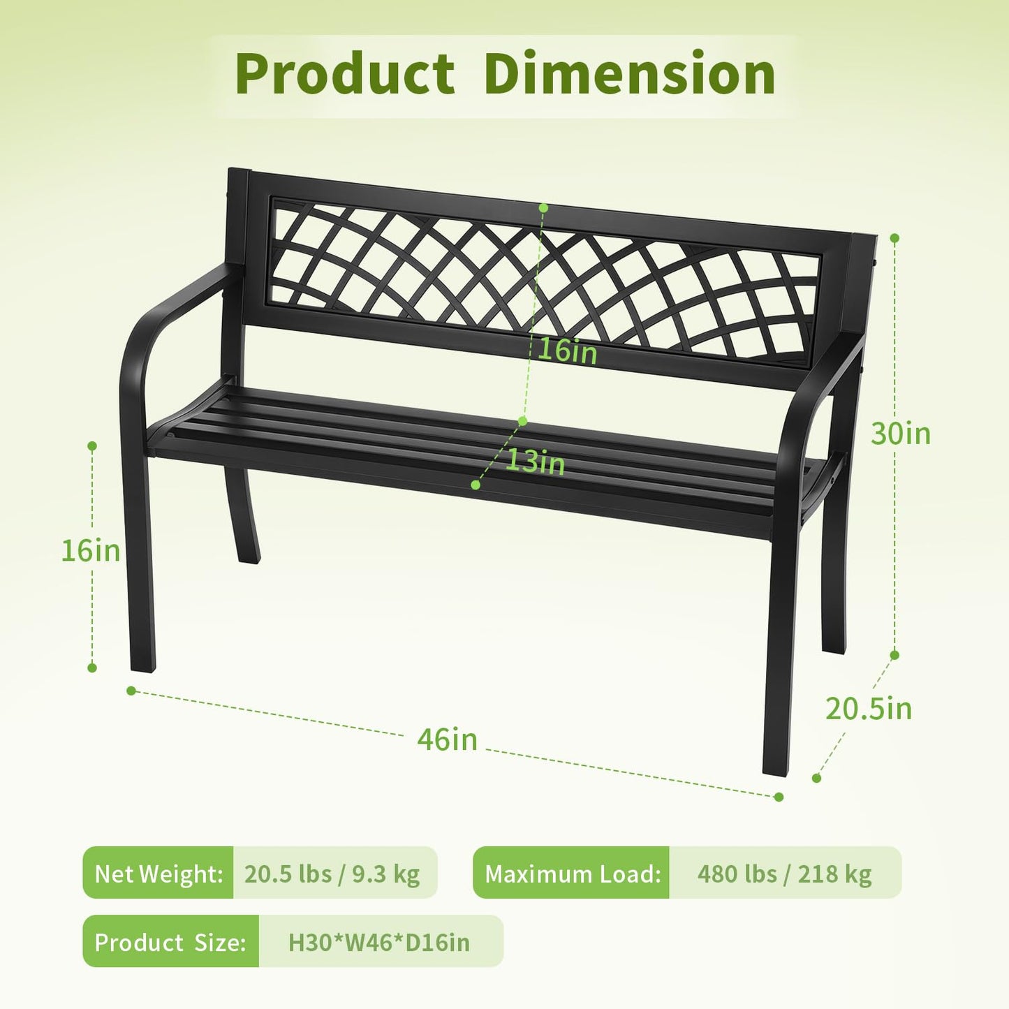FDW | 46" Outdoor Garden Bench | Black | 480lbs Load Capacity