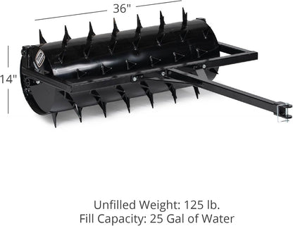 Titan 3 FT Tow-Behind Drum Spike Aerator Holds up to 25 Gal Water, 3" Long Welded On Spikes, for ATV UTV and Utility Tractor, Breaks Ground for Better Drainage & Fertilization