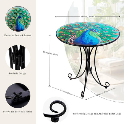 Outdoor Side Table,18 Inch Metal Accent Table, Peacock Round End Tables, Small Coffee Tables for Indoor & Outside Garden Patio Balcony Yard Bedroom