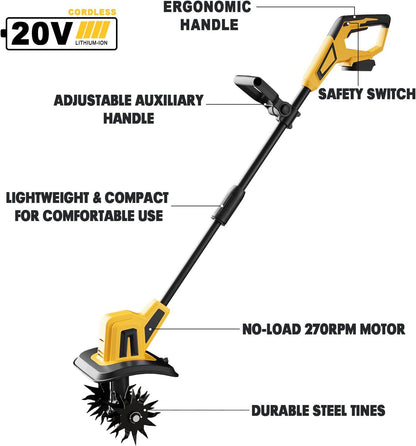 Cordless Garden Tiller Cultivator Compatible with Dewalt 20V MAX Battery, 270 RPM Electric Rototiller, 48 Steel Tines, 8.7" Tilling Width, 6.3" Depth, Rotary Tiller for Lawn/Gardening/Soil(Tool Only)