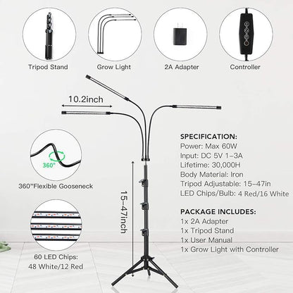 GHodec Grow Light with Stand, 60 LED 5500K Full Spectrum Floor Plant Light for Indoor Plants Growing,5 Dimmable Levels & Auto On/Off Timer,Tripod Stand Plant Lamp Height Adjustable