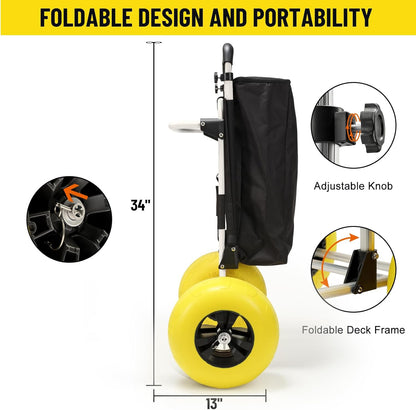 Beach Fishing Cart, 13” Big Balloon Wheels w/Flat-Free Solid PU Tires for Sands, 165LBS Loading Folding Sand Cart & 33.1" to 51.6" Adjustable Height, Beach Buggy Cart w/Storage Bag, No Rust