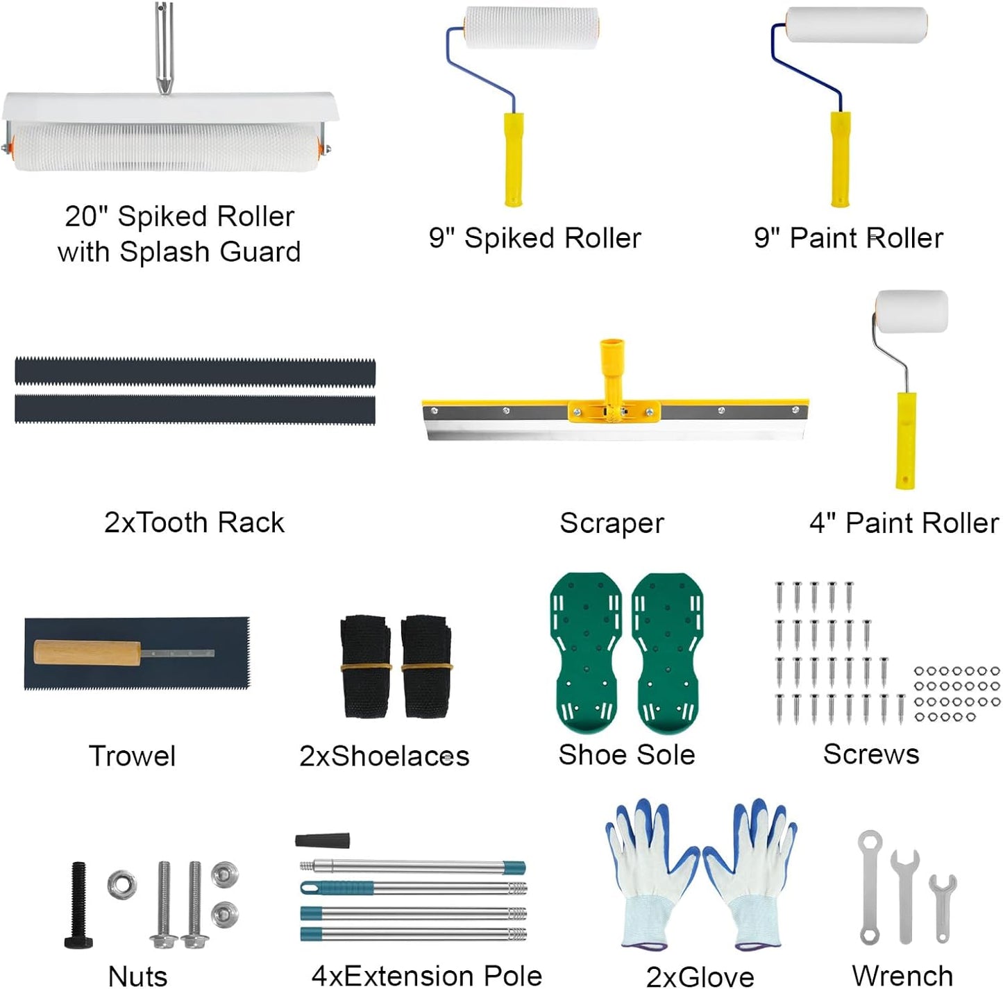 Complete Self Leveling Cement Tool Kit, Professional Epoxy Floor Kit Tools with Spiked Roller with Splash Guard, Spike Shoes, Paint Roller, Trowel, Scraper & Extension Pole