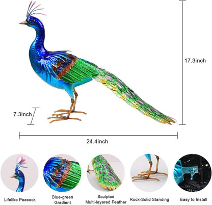 YEAHOME Garden Decor Outdoor Statues, 24.4" Large Metal Peacock Standing Yard Art, Blue Green Bird Lawn Sculptures Garden Decor for Outside Patio Porch Backyard