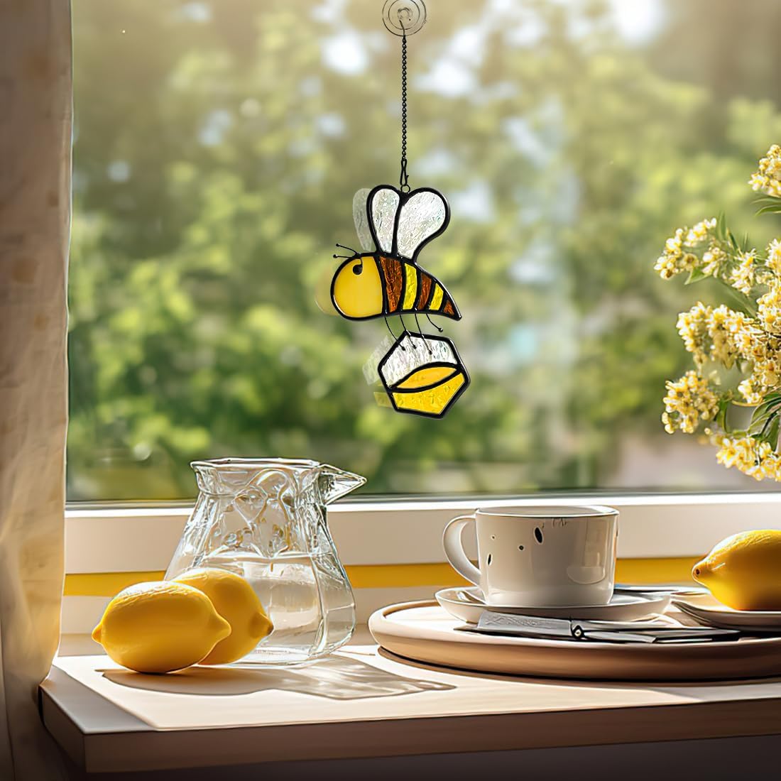 BOXCASA Honey Bee Decor Stained Glass Suncatcher,Bumble Bee Stained Glass Window Hanging,Birthday Bees Gifts for Bees Lover Women Mom Kids,Honeypot Decorations for Home