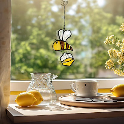 BOXCASA Honey Bee Decor Stained Glass Suncatcher,Bumble Bee Stained Glass Window Hanging,Birthday Bees Gifts for Bees Lover Women Mom Kids,Honeypot Decorations for Home