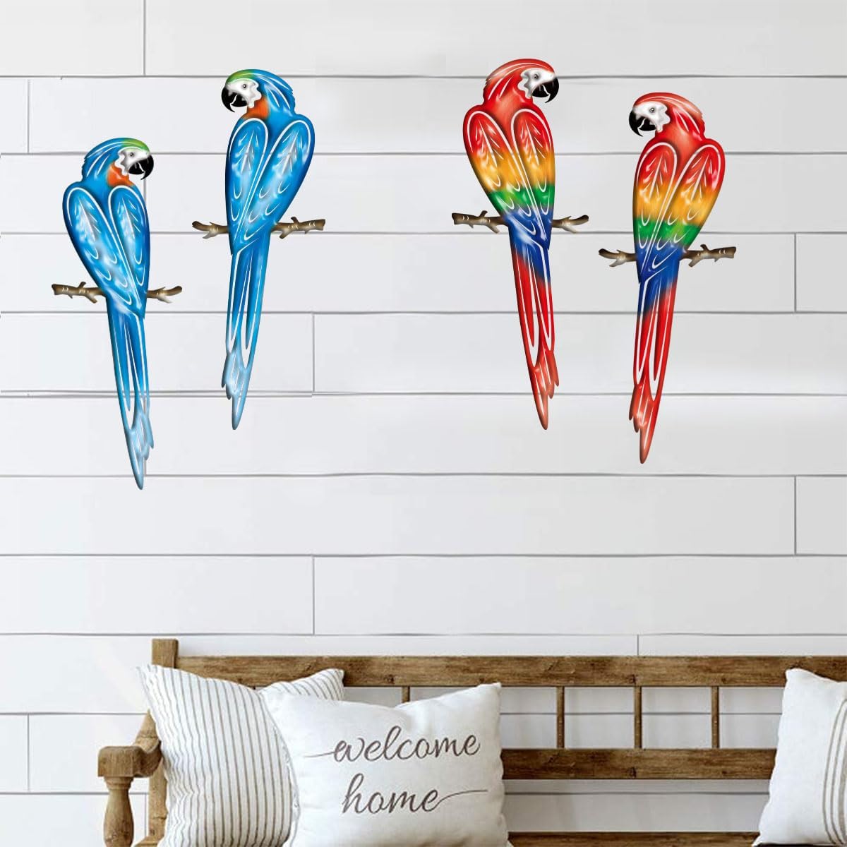 Metal Outdoor Wall Art Decor,3D Colorful Garden Birds Sculpture Outdoor Iron Hanging Parrot Decor, Metal Hand-Made Bird Wall Art Decorations for Fence Patio Balcony Living Room