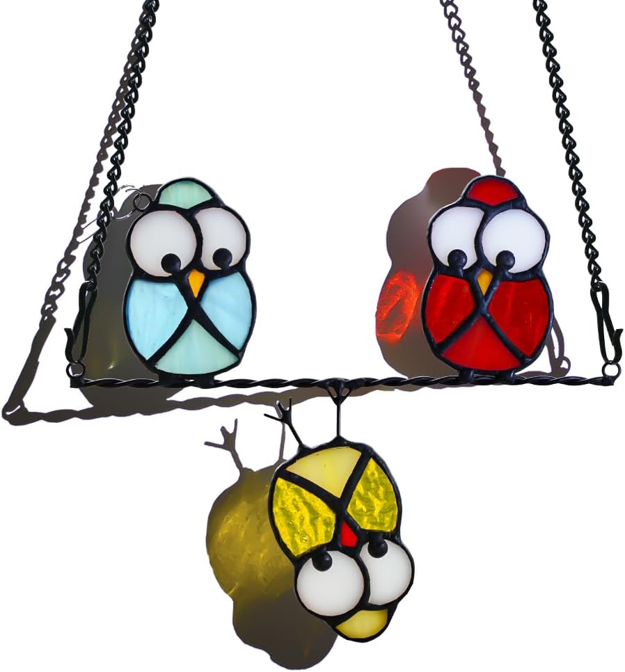 Multicolor Owl Stained Glass Suncatcher for Window,Birds Stained Glass Window Hangings,Bird Suncatchers Deocr for Door Room,Owl Gifts for Mom,Grandma,Birds Gifts for Bird Lovers Women