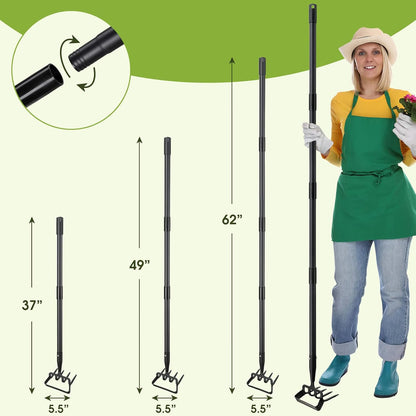 Weed Puller Gardening Tools, Hula Garden Hoe and 4 Tines Rake 2-in-1 Garden Tools for Weeding, Action Stirrup Hoe with 37"-62" Adjustable Long Handle for Lawn,Vegetable Garden Loose Soil and Weeding