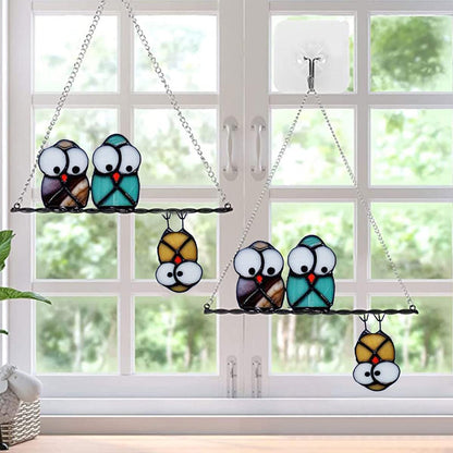 Multicolor Owls on a Wire High Stained Glass Suncatcher Panel, Bird Suncatcher for Windows Doors Room Home Decoration Hummingbird Ornamentand Gifts for Bird Lovers