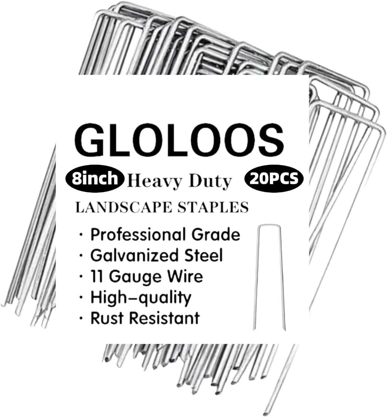 8 inch 20 Pack Silver Galvanized Landscape Staples 11 Gauge Garden Stakes Pins Anti-Rust Ground Stakes U-Shaped Tent Stakes are Used for Weed Barrier, Irrigation Tubing, Yard Lawn, Landscape Fabric