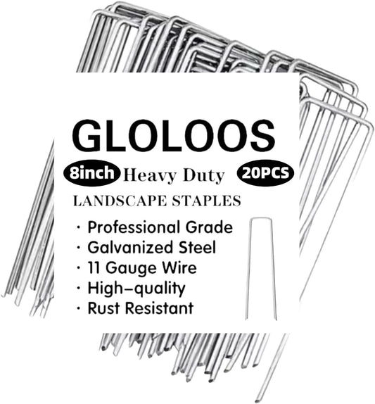 8 inch 20 Pack Silver Galvanized Landscape Staples 11 Gauge Garden Stakes Pins Anti-Rust Ground Stakes U-Shaped Tent Stakes are Used for Weed Barrier, Irrigation Tubing, Yard Lawn, Landscape Fabric