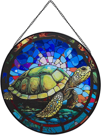 Hanging Stained Glass for Windows,20cm/7.87 inch Turtle Hand-Painted Glass Panel Window Hanging Suncatchers Christmas Ornaments Home Courtyard Decor,Housewarming Gift (Style A)
