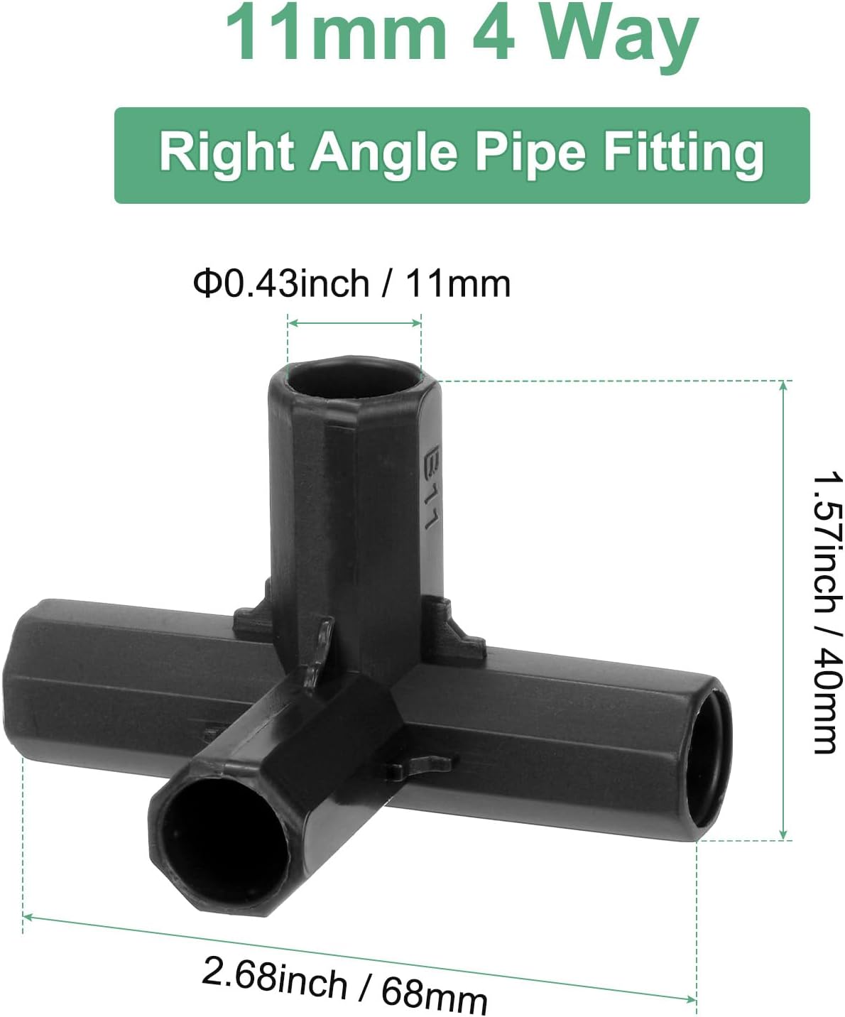 12 Pcs 11mm Greenhouse Frame Building Connectors, 4 Way Right Angle Pipe Fitting for Grape Trellis/Sunscreen Shed/Gardening Plant Stakes, Greenhouse Accessories [Black]