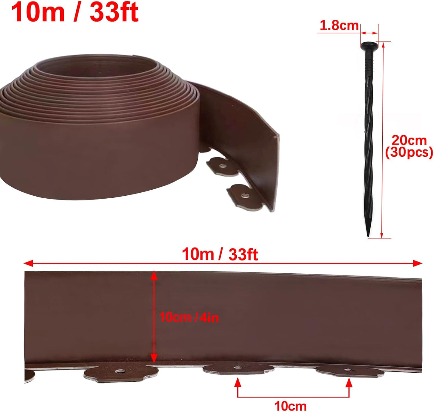 Garden Edging 33FT, 4IN High Landscape Edging Border Plastic Lawn Edging Roll with 50 Spikes for Yards, Flower Bed Edge, Sidewalks, Pathway, Brown