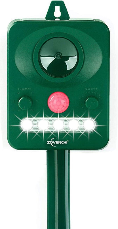 Ultrasonic Animal Deterrent with Flashing Strobe Light, Solar Powered Outdoor Repeller for Raccoons, Cats, Deer, Squirrels, Motion-Activated, Humanely Protects Garden & Lawn.