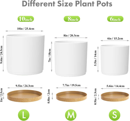 10/8/6 inch Deep Plant Pots, 3 Pack Cylindrical Large Flower Pots for Outdoor Indoor Plants, Tall Plastic Planters with Drainage Holes and Saucers for Garden House Plants, White with Brown