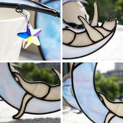 Colorful Crystal Star Grey Cat Decor,Stained Glass Suncatcher for Window Hanging,Birthday Gifts for Cat Lovers Suncatcher Indoor Window, for Women