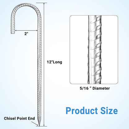 12 inch Garden Ground Stakes Galvanized Steel J Shape Hook Rebar Stakes, 12 Pack Heavy Duty Ground Anchors, Yard Stakes for Garden Rebar Stakes for Camping Tent, Anti-Rust Ground Stakes