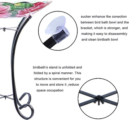 MUMTOP Outdoor Glass Birdbath with Metal Stand for Lawn Yard Garden Hummingbird Decor,18” Dia 21.65” Height