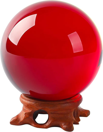 Red Crystal Ball 100mm/3.9 inch with Rose Wooden Stand and Gift Box for lensball Photography,Fortune Teller,Feng Shui, Witchcraft Decor,Scrying,Magic,Quartz Crystal Orb Prop Decorative Glass Sphere
