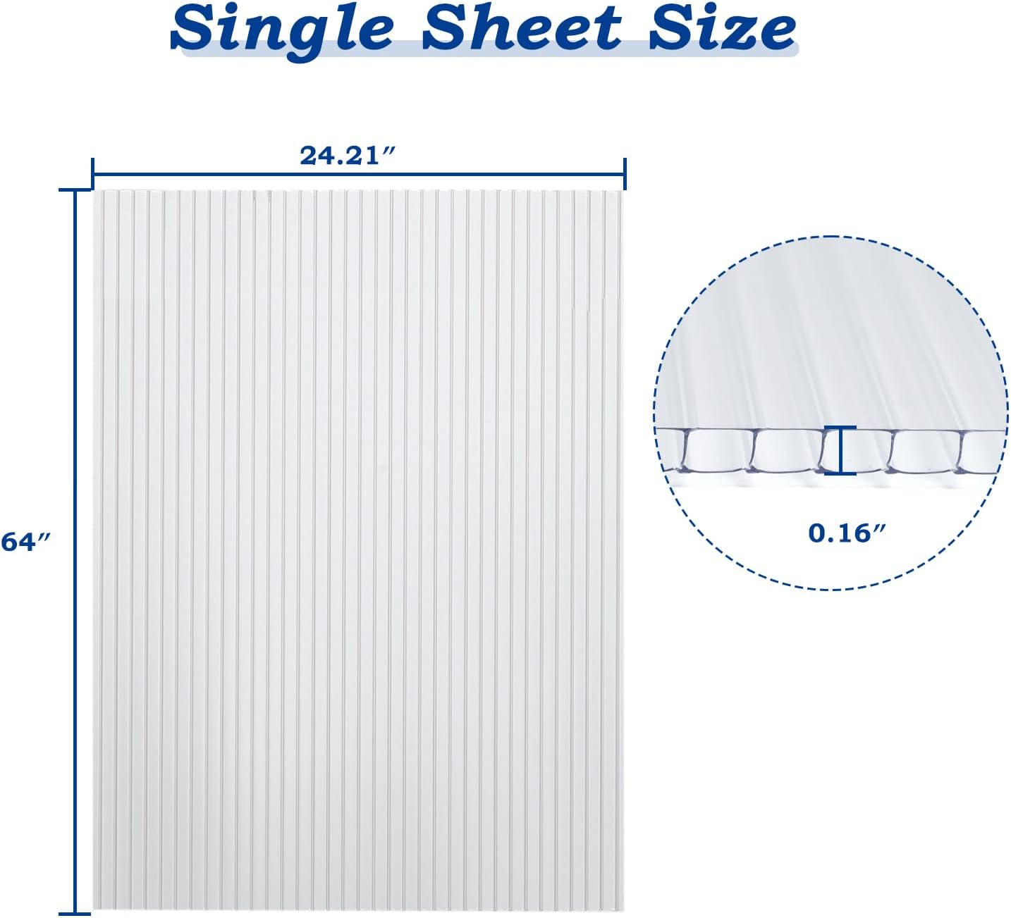 BPS 6Pcs 24'' (W) x 64'' (L) x 0.16'' Polycarbonate Panels, Waterproof UV Protected Reinforced Sheets, Outdoor Greenhouse and Gazebo Covering, Twin-Wall Clear Sheets