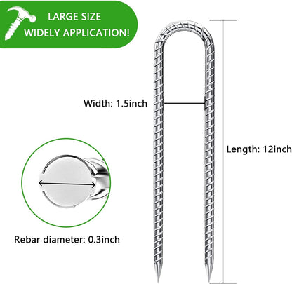 Rebar-Stakes-12-Inch-Galvanized, U Hook Trampoline Stakes 6 Pack Ground Anchors Tent Stakes Heavy Duty for Plants Anti-Rust Landscape Fabric Stakes Artificial Turf