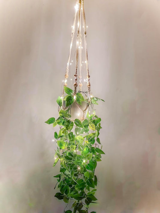 2 Packs Fake Hanging Plant with Lights Artificial Plants with Pots for Home Decor Macrame Plant Hanger with Faux Vines Greenery for Bedroom Bathroom Room Ceiling Wall Boho Decor Indoor Outdoor