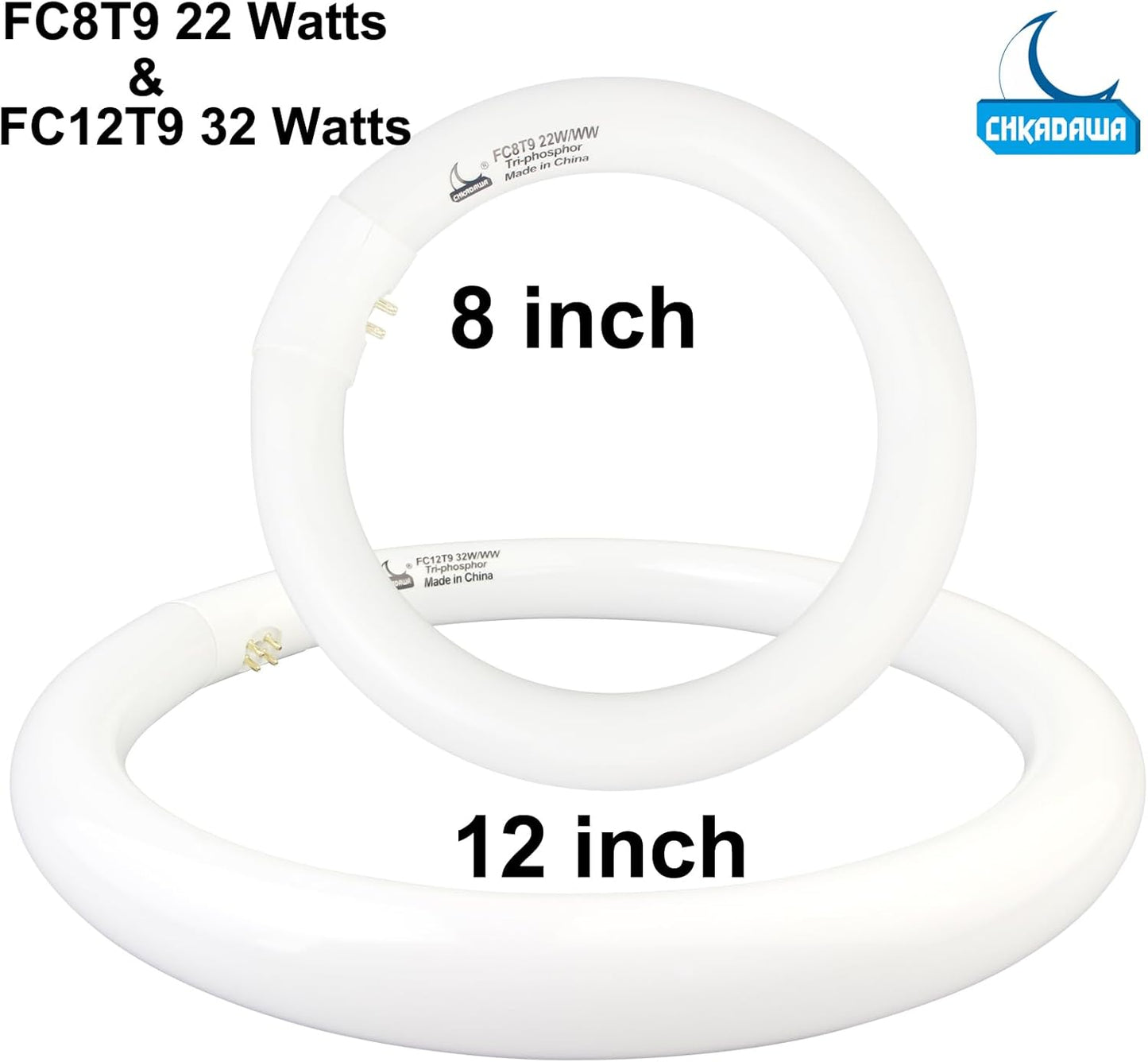 FC8T9/KB 22W and FC12T9/KB 32W Warm White Set, Round Fluorescent 8 inch T9 22 Watts & Circular Light Bulbs 12 inch 32 Watts Pack, Circline Kitchen and Bath Ceiling Fan Bulb, 3000K, G10q Prong