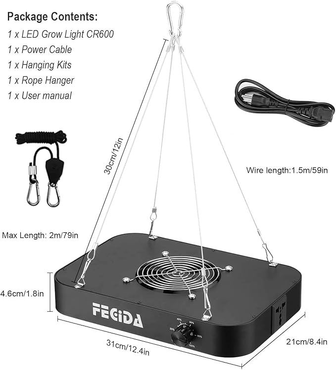 FECiDA 1200W Equivalent LED Grow Light, 130W True Power Full Spectrum Plant Light, 0–100% Dimmable, Daisy Chain, Quiet Cooling Fan for Indoor Plants Seedling Veg Bloom