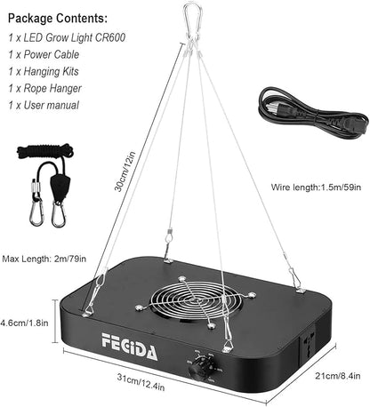 FECiDA 1200W Equivalent LED Grow Light, 130W True Power Full Spectrum Plant Light, 0–100% Dimmable, Daisy Chain, Quiet Cooling Fan for Indoor Plants Seedling Veg Bloom