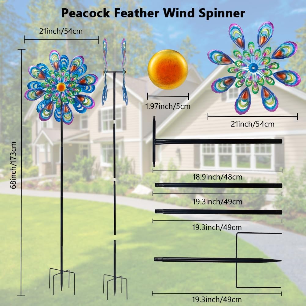 Peacock Wind Spinner, 21" Dia Large Kinetic Wind Sculptures & Spinners Outdoor, 68 Inch Tall Metal Windmill for Garden Yard Decor
