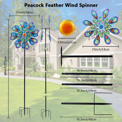 Peacock Wind Spinner, 21" Dia Large Kinetic Wind Sculptures & Spinners Outdoor, 68 Inch Tall Metal Windmill for Garden Yard Decor