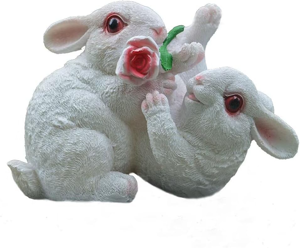 Garden Statues Bunny Decor Resin Flower Rabbit Figurine Cute Fairy Garden Decor Outdoor Statues for Patio Yard Porch Balcony Gifts for Women Mom Grandma White