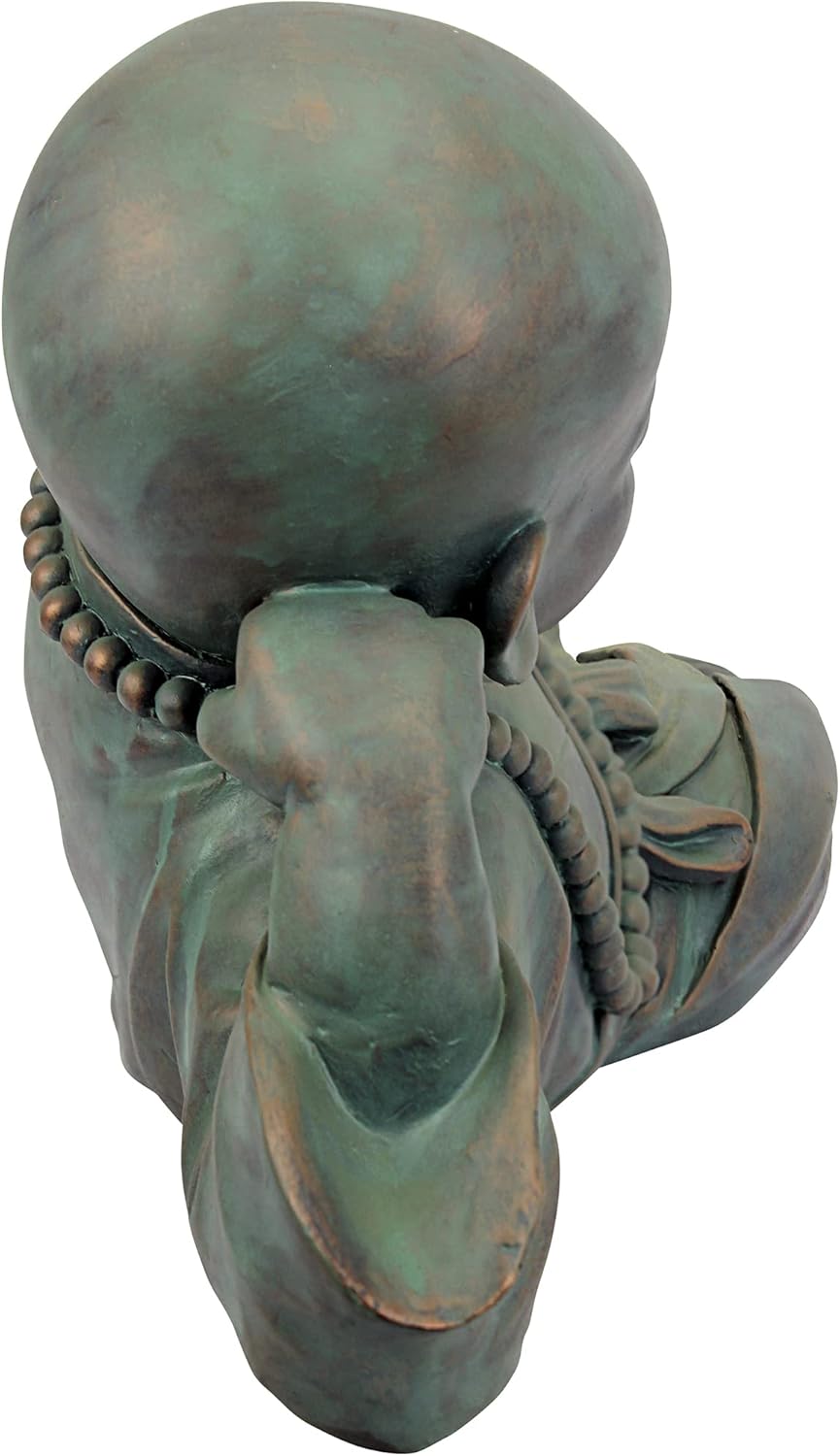 Design Toscano Resting Serene Baby Monk Asian Boy Garden Statue, 24 inches Wide, 12 inches Tall, Cast Stone Resin, Green Bronze Finish