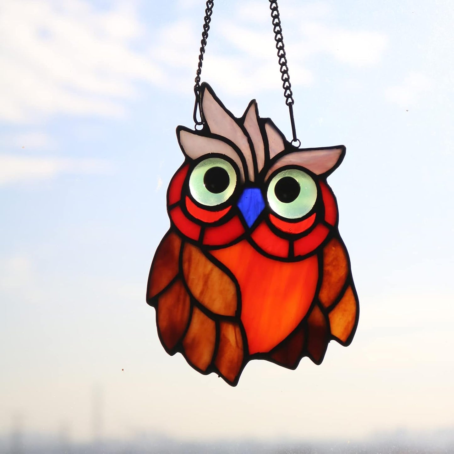 Owl Bird Stained Glass Window Hanging Suncatcher,Bird Decor Wall Art for Living Room Bedroom Kitchen Window, Birthday Gift for Women