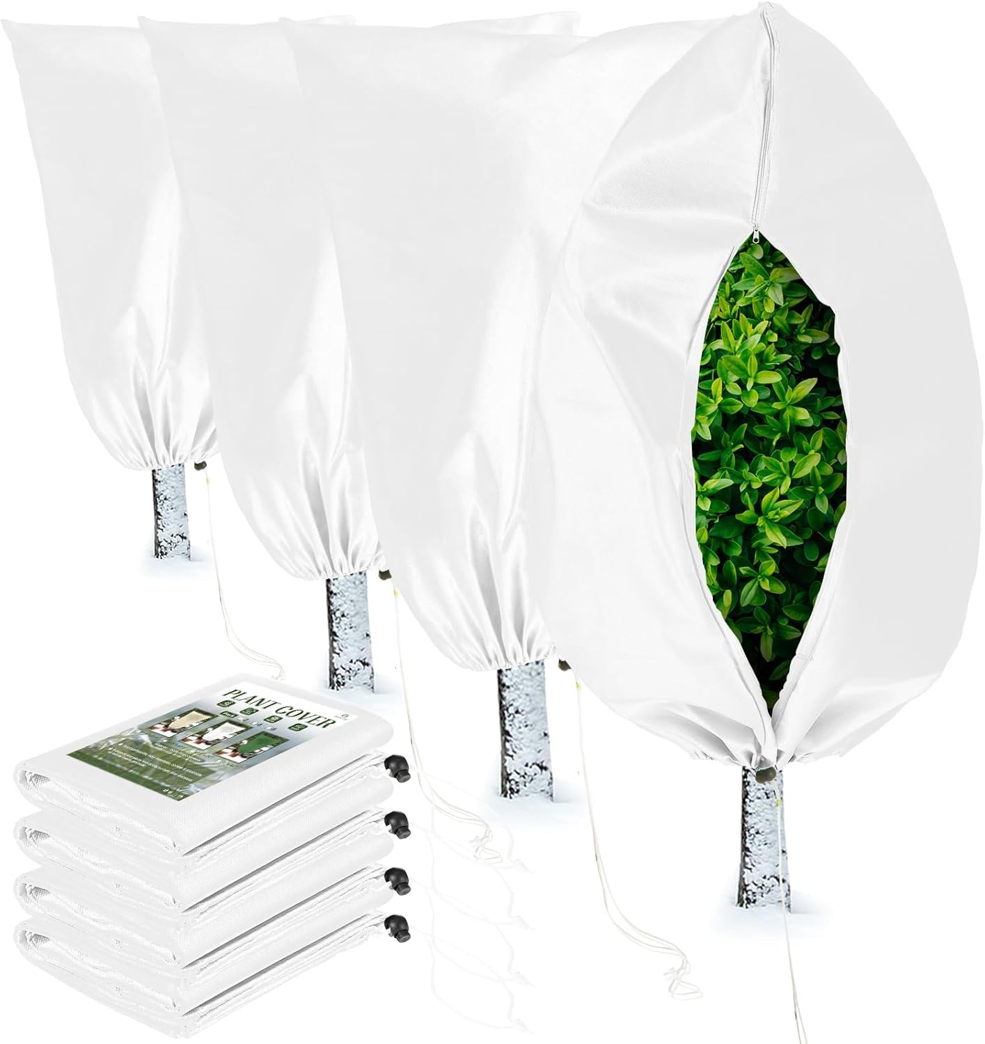 Homimp Plant Covers Freeze Protection, 4 Pack Frost Covers with Zipper Drawstring (71" x 47.3") Plant Protection Cover Bags for Outdoor Winter Frost Cold Weather Shrubs Trees Jacket Covers(White)