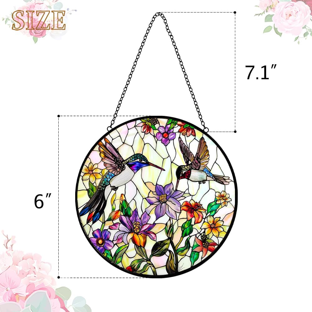 Stained Glass Hummingbird Suncatcher Window Hanging - Handmade Stained Glass Bird Suncatchers for Windows Hanging - Wildflowers Sun Catchers Wall Art Home Garden Decor Panel Gifts for Women Mom Wife