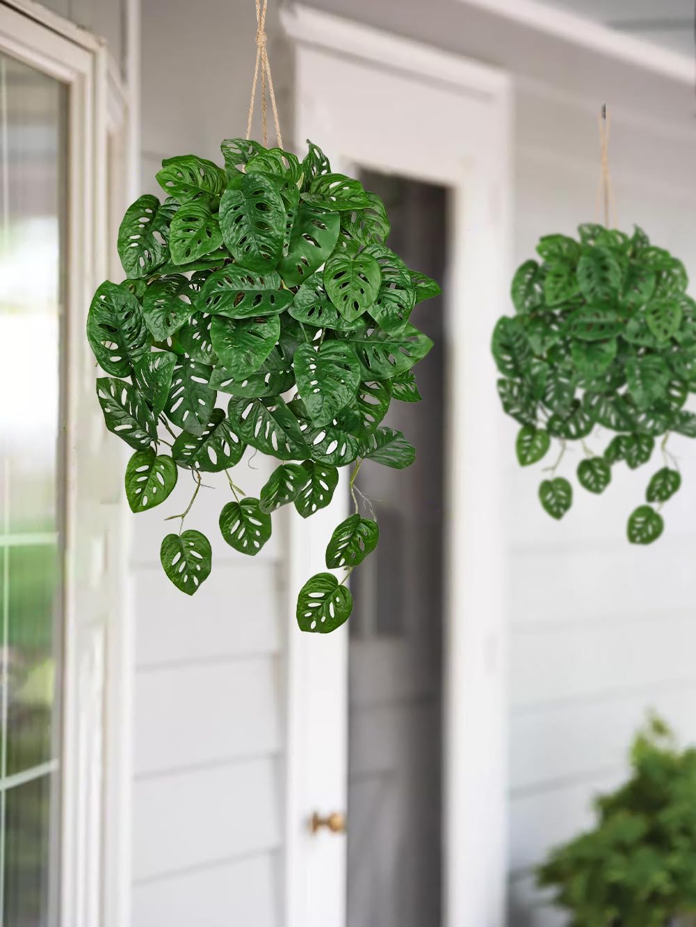 Large Fake Hanging Plants in Pot for Indoor & Outdoor, Long Artificial Monstera Albo Long Plants, 27.6" Fake Potted Vines Ivy Greenery Plant for Room Wall Shelf Decor Living Room Bathroom Patio Porch