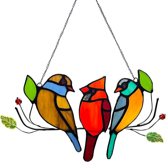 Cardinal Gifts Stained Glass Window Hangings, Suncatcher for Window Multicolor Bird On A Wire Panel