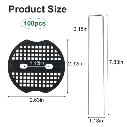 Finderomend 100 Pack Landscape Staples and 100 Pack Gaskets,8" Long 9 Gauge Galvanized Steel Garden Staples with Black Pads,Landscape Pins Turf Staples for Securing Weed Barrier Artificial Grass
