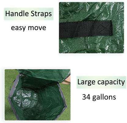 34 Gallon Garden Compost Bin Bag, Reusable Organic Fertilizer Fermented Bag with Lid,Collapsible Leaf Lawn Bags Gardening Container (Green)