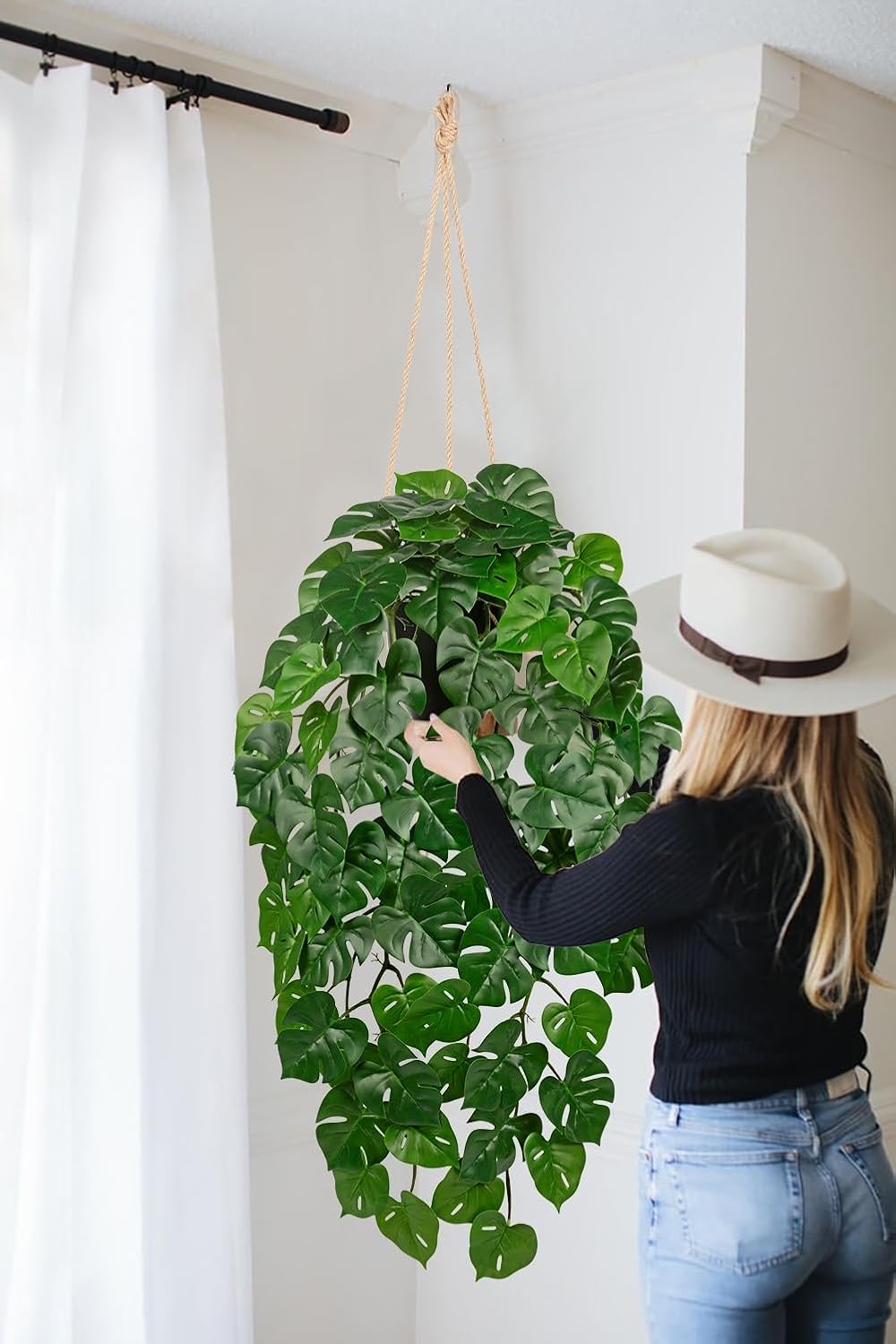 Large Fake Hanging Plants in Pot with Hook, 37" Artificial Hanging Monstera Leaves Vines Plants, Fake Potted Greenery Plant for Room Wall Living Room Bathroom Kitchen, Faux Ivy Houseplants for Shelf