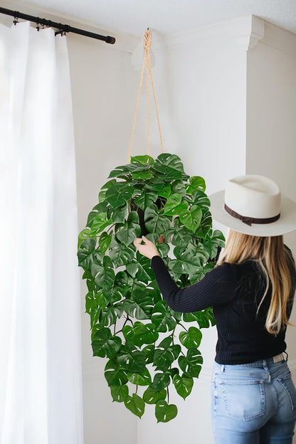 Large Fake Hanging Plants in Pot with Hook, 37" Artificial Hanging Monstera Leaves Vines Plants, Fake Potted Greenery Plant for Room Wall Living Room Bathroom Kitchen, Faux Ivy Houseplants for Shelf